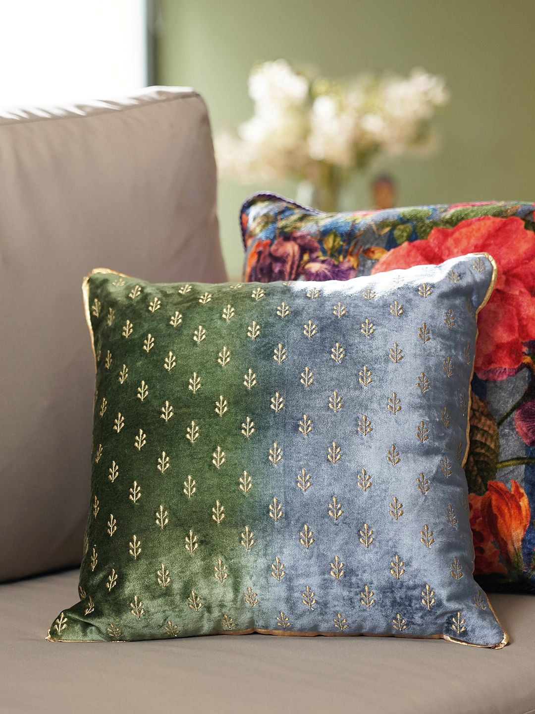 

Pure Home and Living Green & Blue Embroidered Velvet Square Cushion Covers