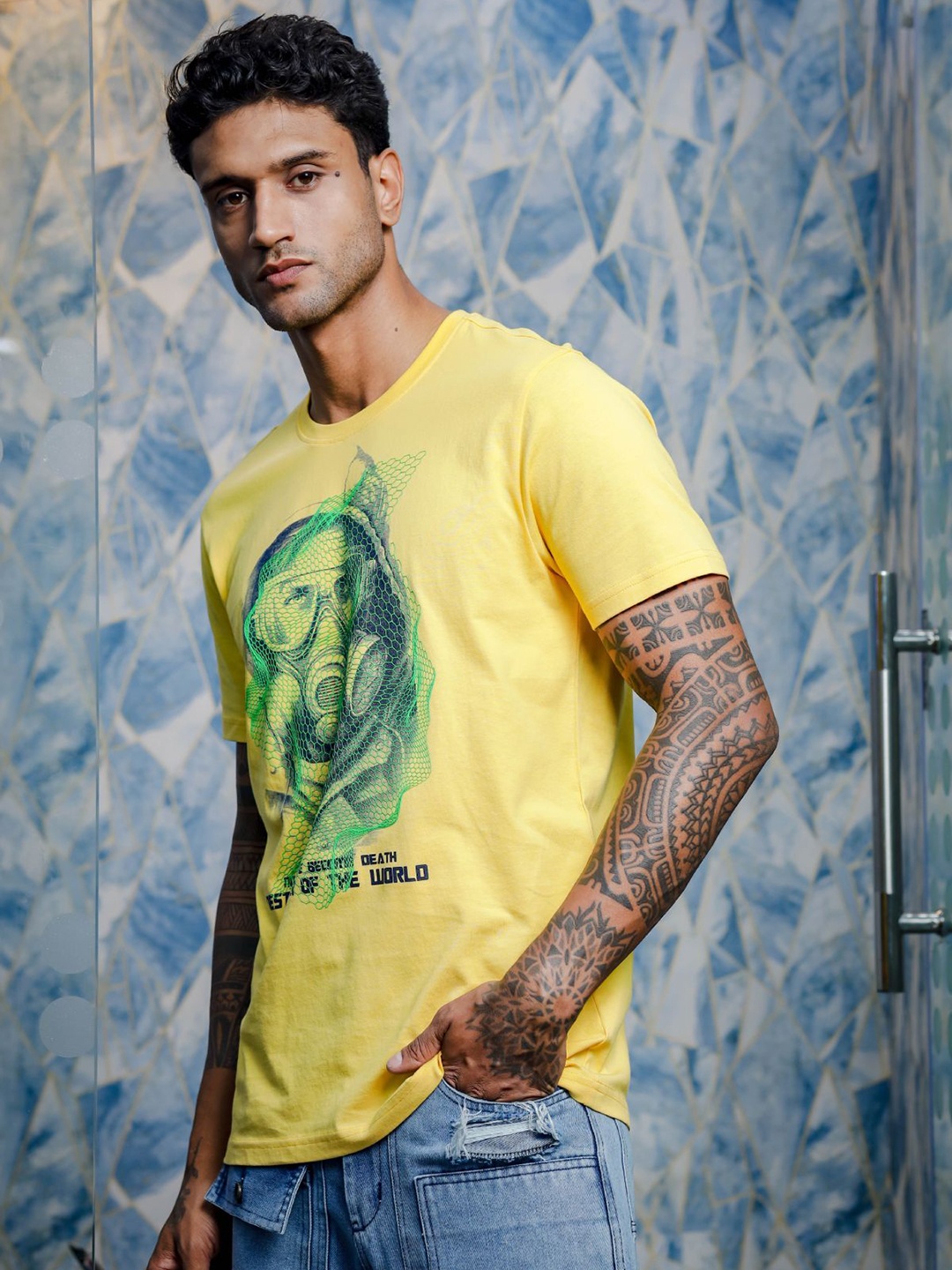 

ONE SKY Men Graphic Printed Round Neck Cotton T-shirt, Yellow