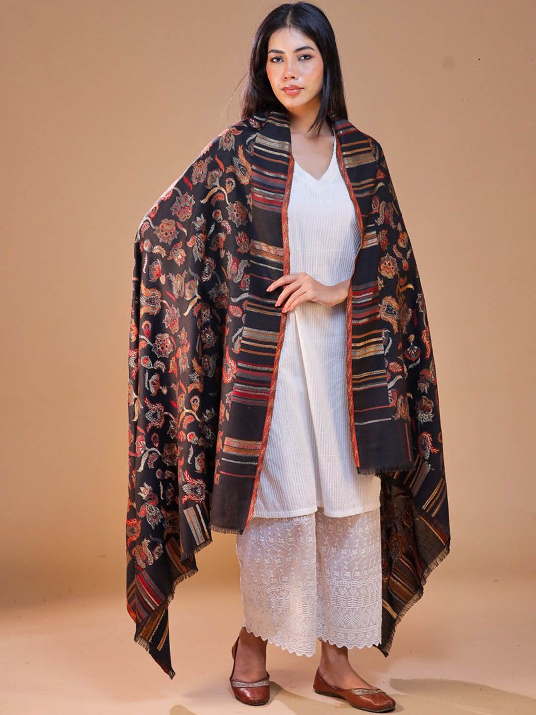 

SWI Stylish Ethnic Motifs Woven Design Woolen Shawl, Black