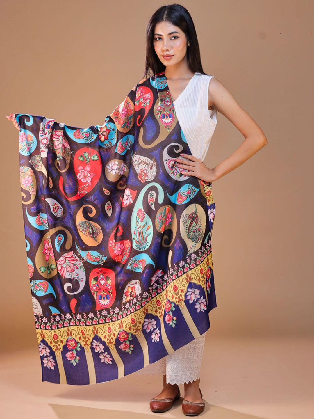 

SWI Stylish Floral Printed Woolen Shawl, Navy blue