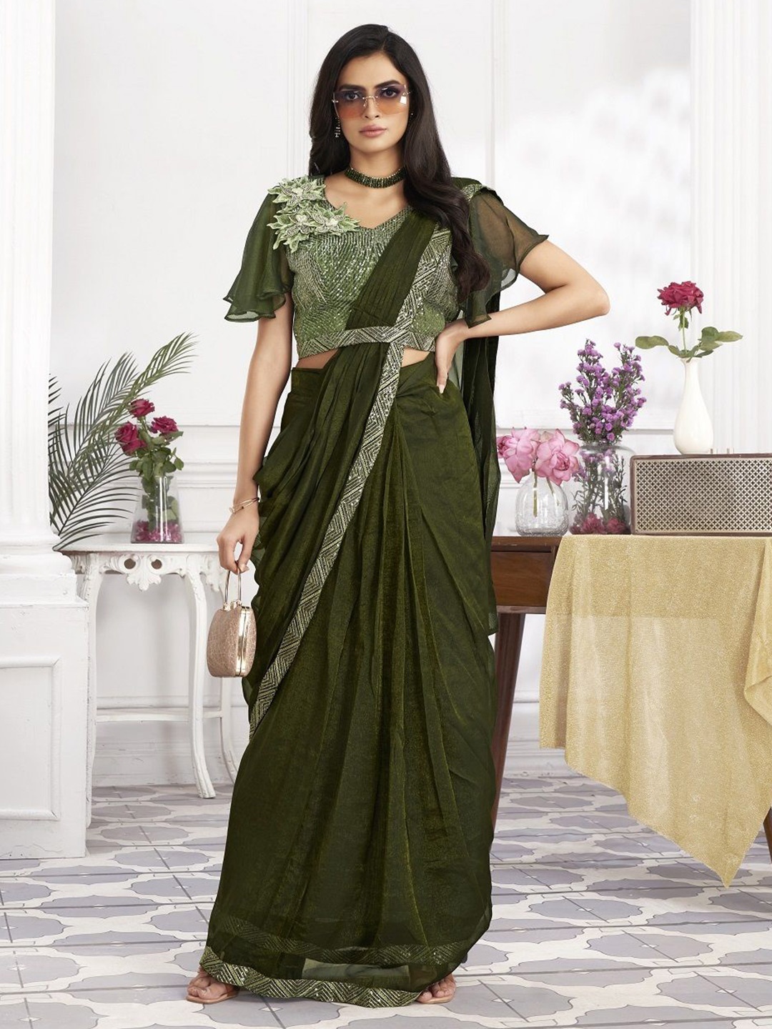 

JIVORA Embroidered Pure Georgette Ready to Wear Saree, Olive