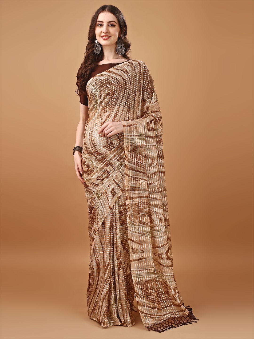 

KALINI Printed Saree With Blouse Piece, Brown