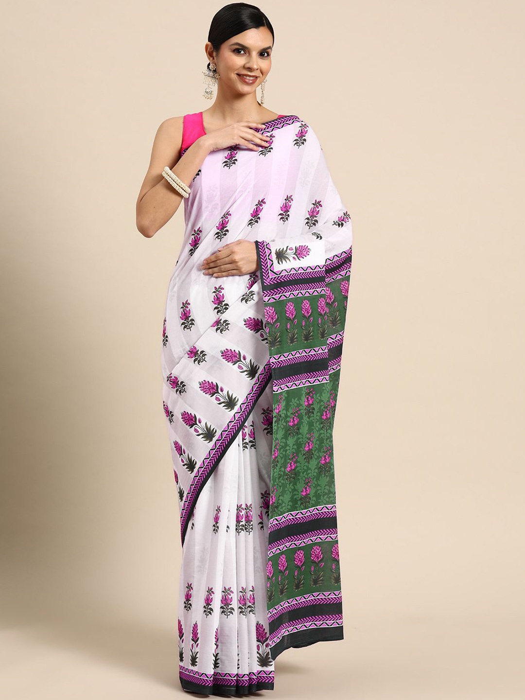 

BUTA BUTI Floral Printed Pure Cotton Saree, White