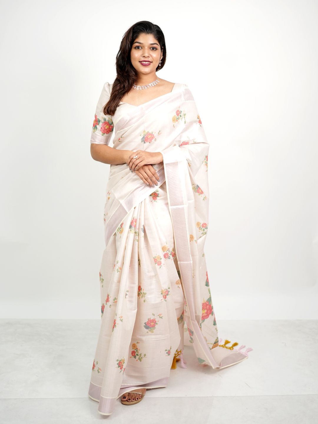 

POONOLIL Floral Zari Tussar Saree, Rose gold