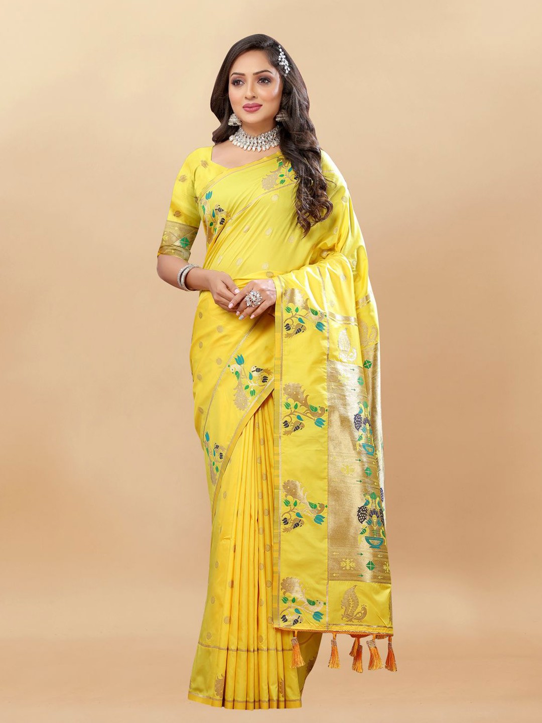 

MOKSHA DESIGNS Ethnic Motifs Woven Design Zari Pure Silk Paithani Saree, Yellow