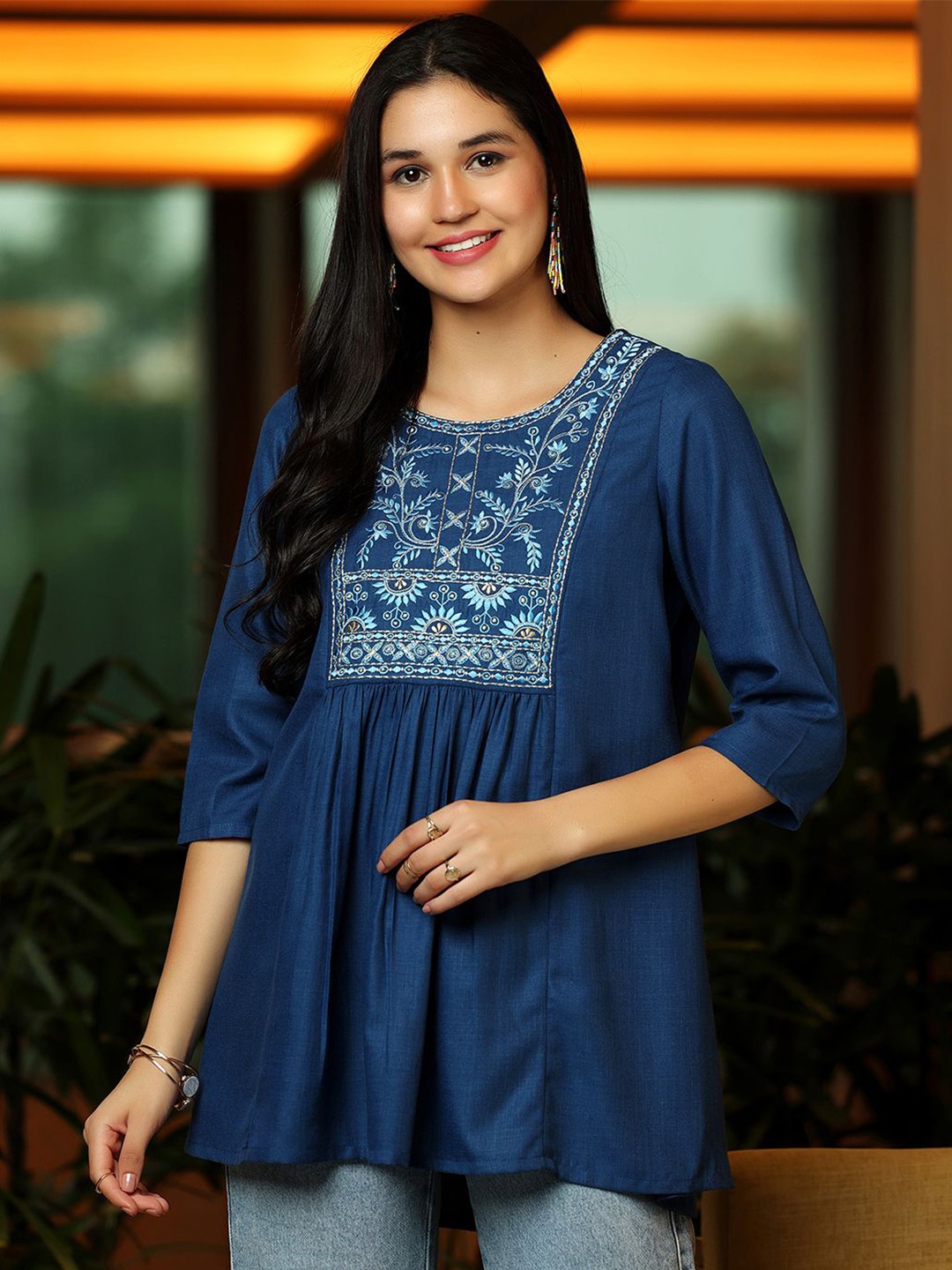 

Libas Floral Yoke Design Thread Work Thread Work Pleated Kurti, Blue