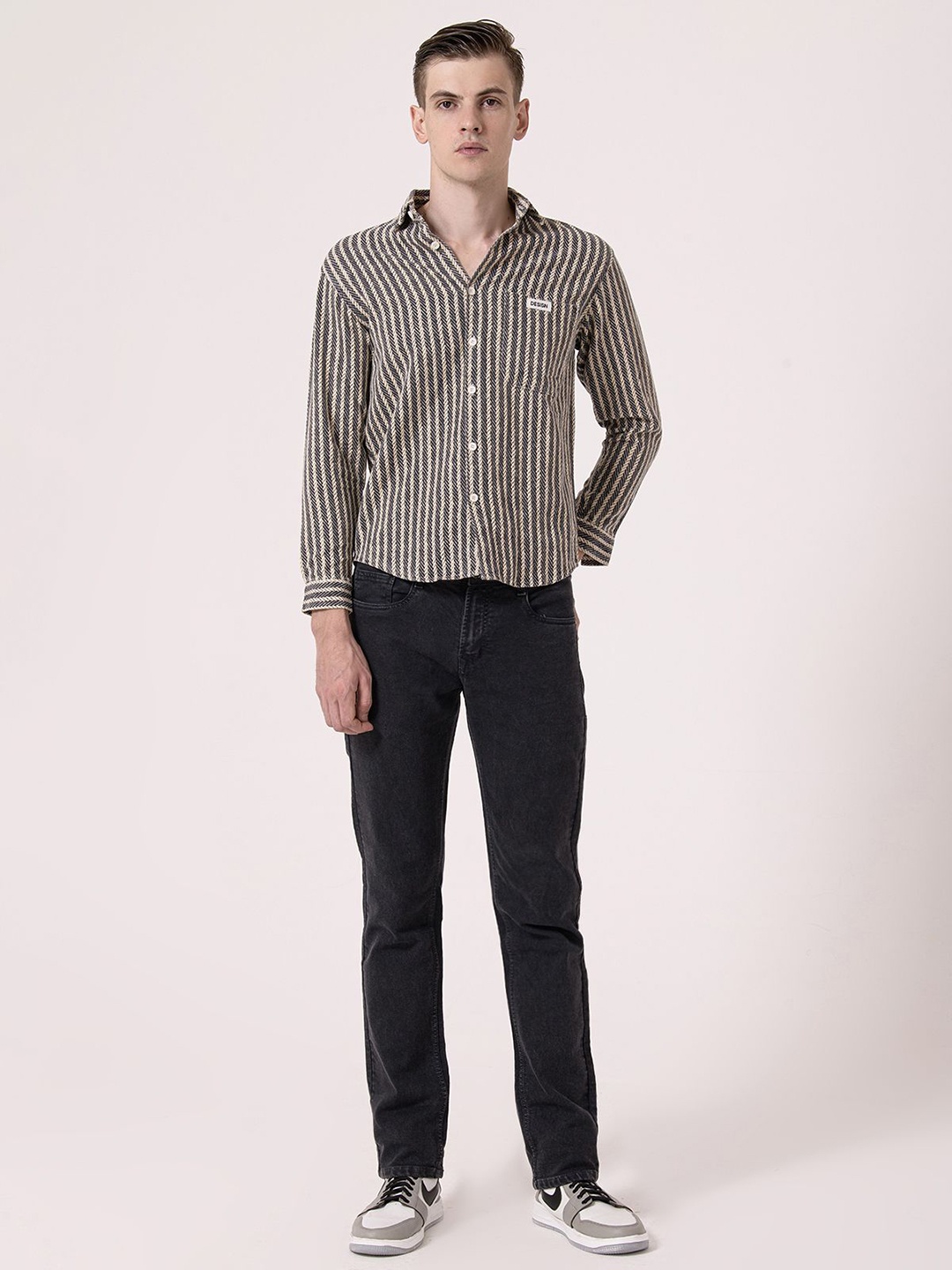 

Albion By CnM Men Spread Collar Vertical Striped Cotton Casual Shirt, Beige