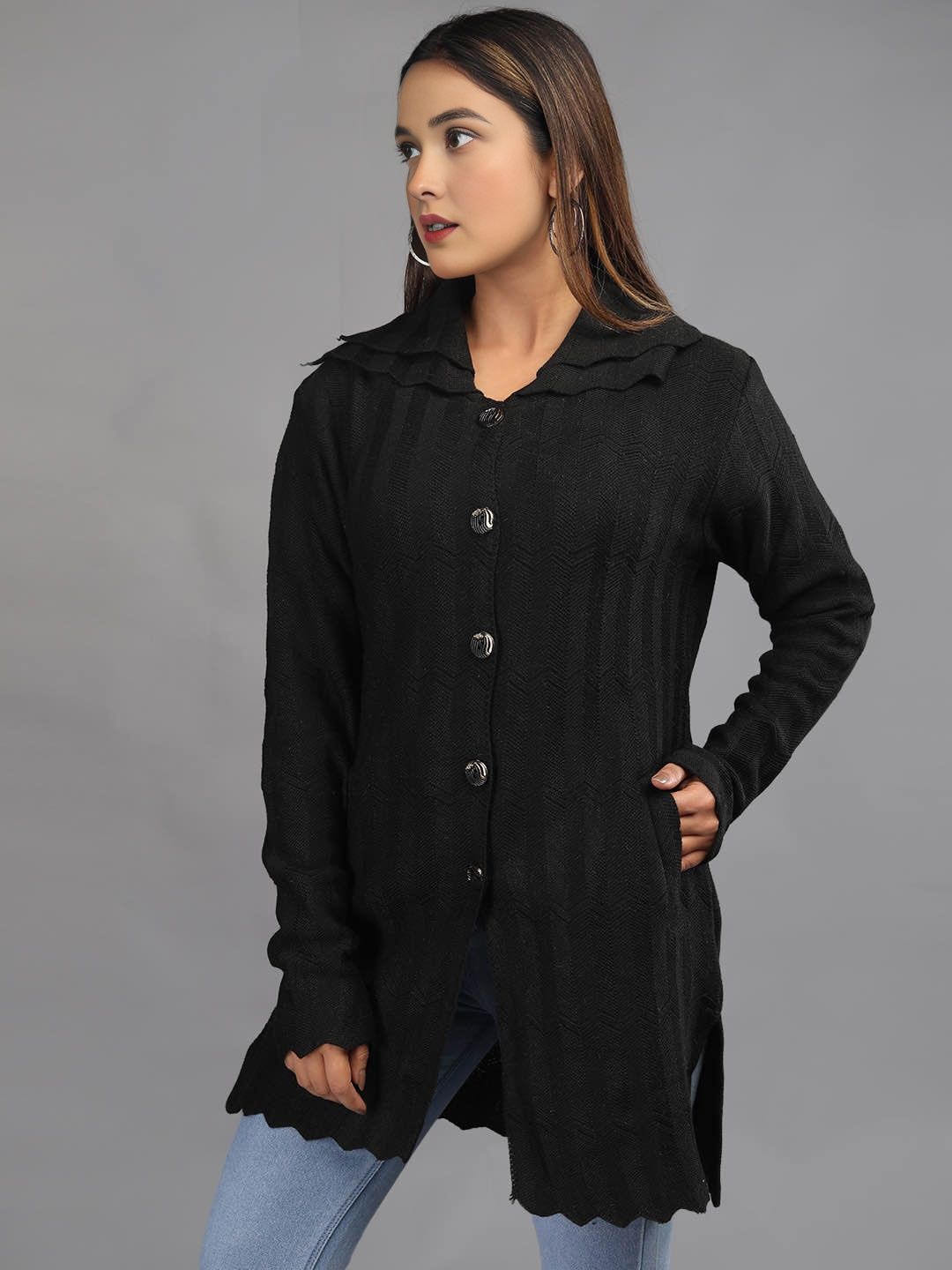 

TYSORT Women Quirky Woollen Self design Longline Cardigan, Black
