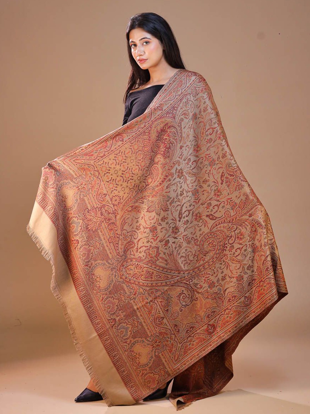 

SWI Stylish Ethnic Motifs Woven Design Jamawar Woolen Shawl, Beige