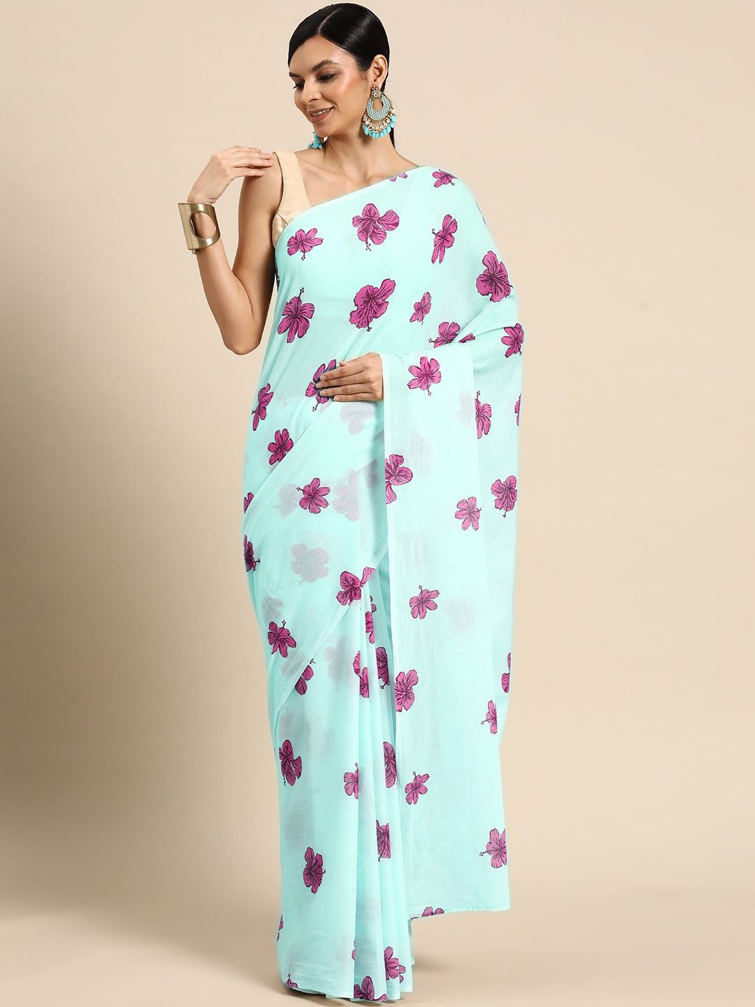 

BUTA BUTI Floral Printed Pure Cotton Saree, Blue