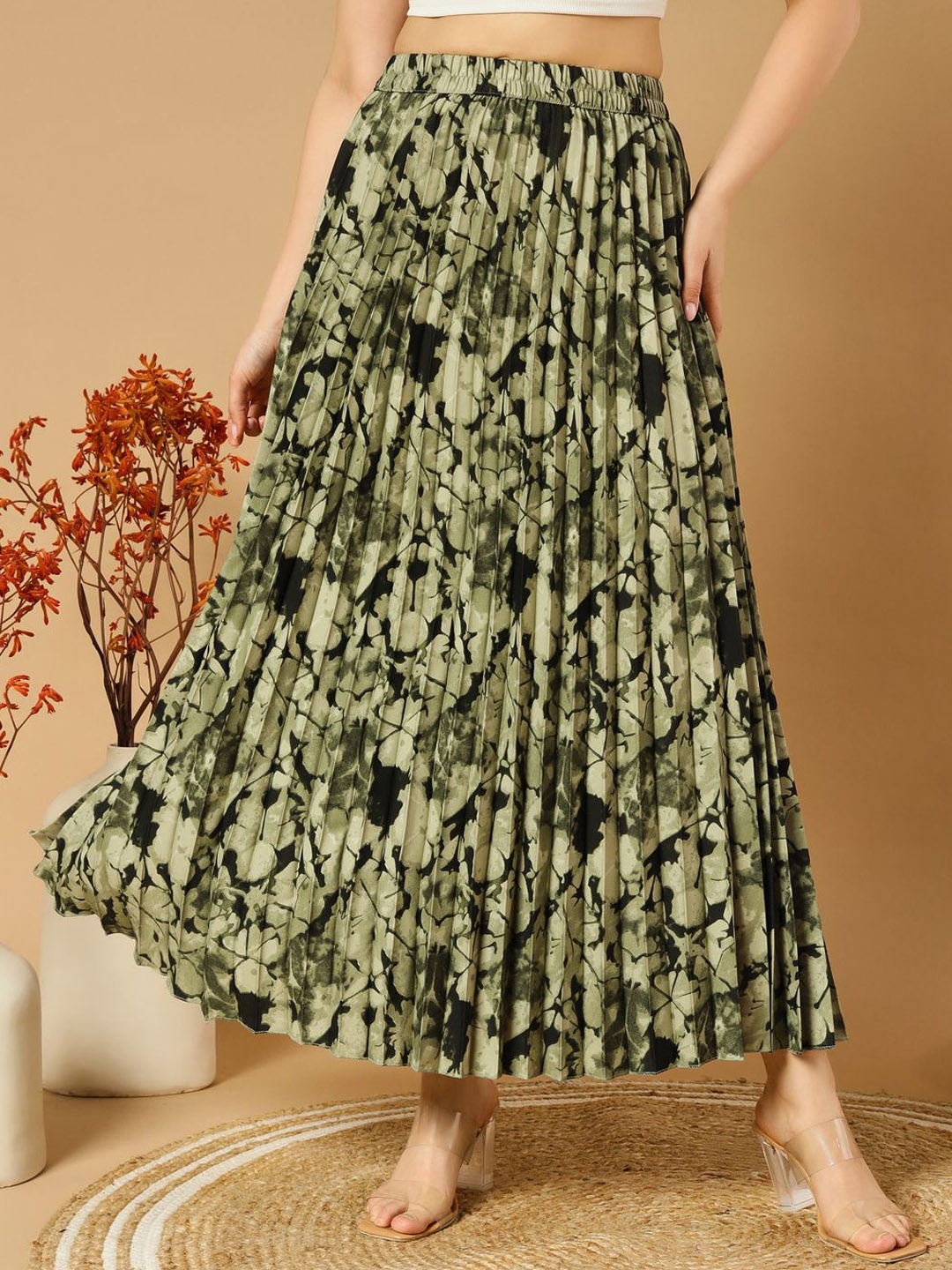 

OTABU Pleated A-Line Maxi Skirts, Olive