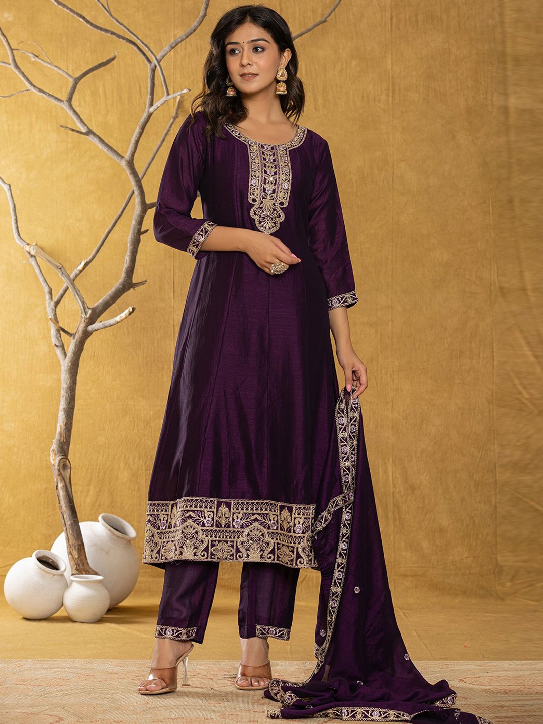 

Yufta Ethnic Motifs Zari Embroidered Anarkali Kurta With Trousers & Dupatta, Purple