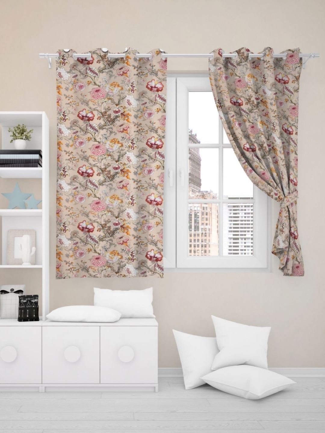 

EasyGoods anokhi Beige & White Single Floral Cotton Window Curtain