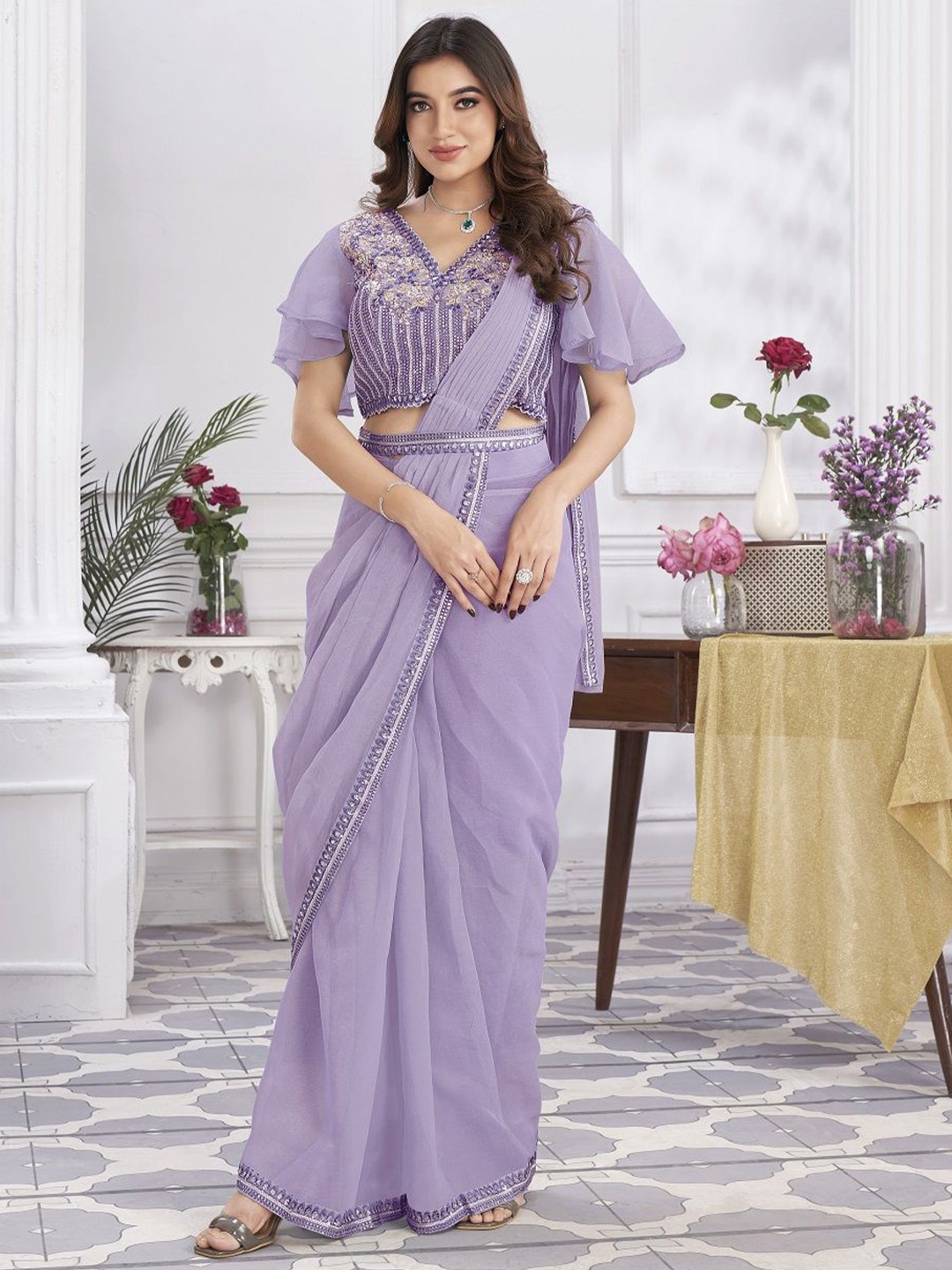 

JIVORA Pure Georgette Ready to Wear Saree, Purple