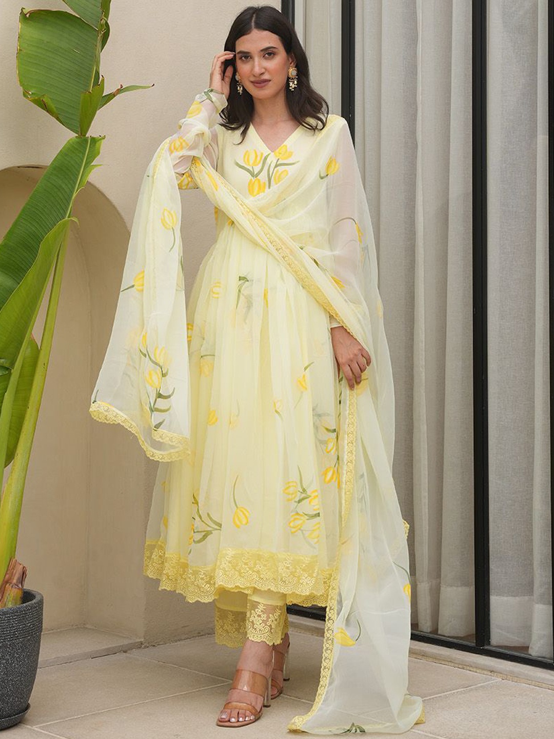 

OneWe Floral Printed Empire Georgette Anarkali Kurta With Trousers & Dupatta, Yellow