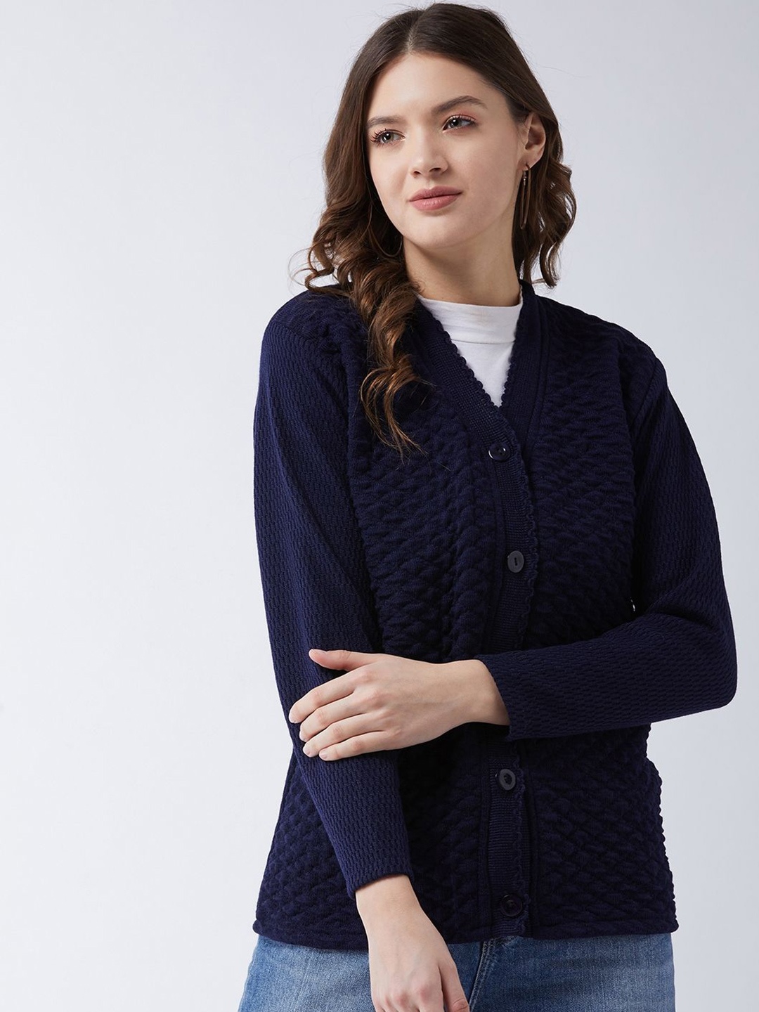 

PIVL Women Self Design Cardigan, Navy blue