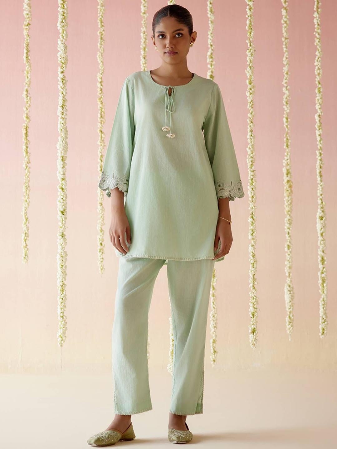 

NERO Embroidered Pure Cotton Top With Trousers, Sea green