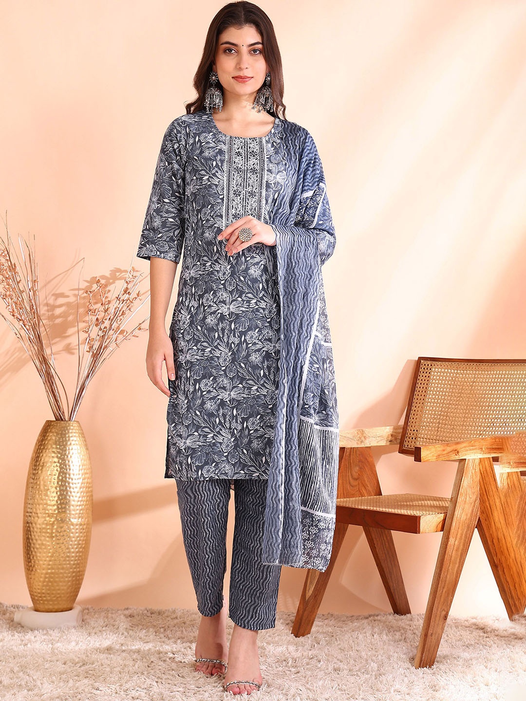 

Ode by House of Pataudi Printed Mirror Work Pure Cotton Kurta With Trousers & Dupatta, Grey