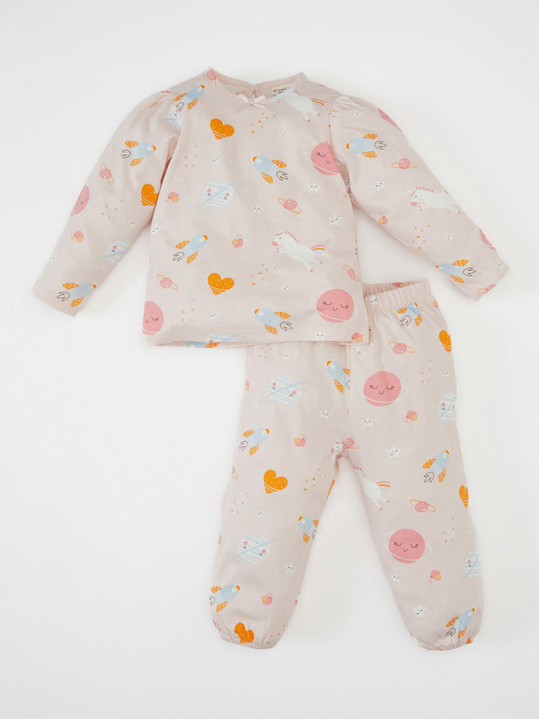 

DeFacto Infant Girls Graphic Printed Pure Cotton T-Shirt With Trousers Night Suit, Pink