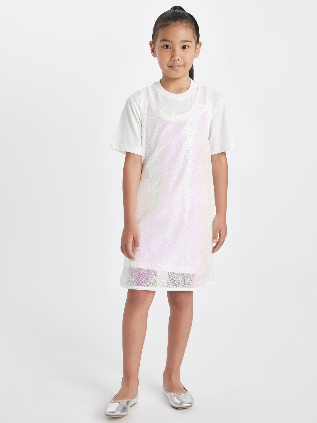 

DeFacto Girls Embellished A-Line Dress With T-Shirt, White