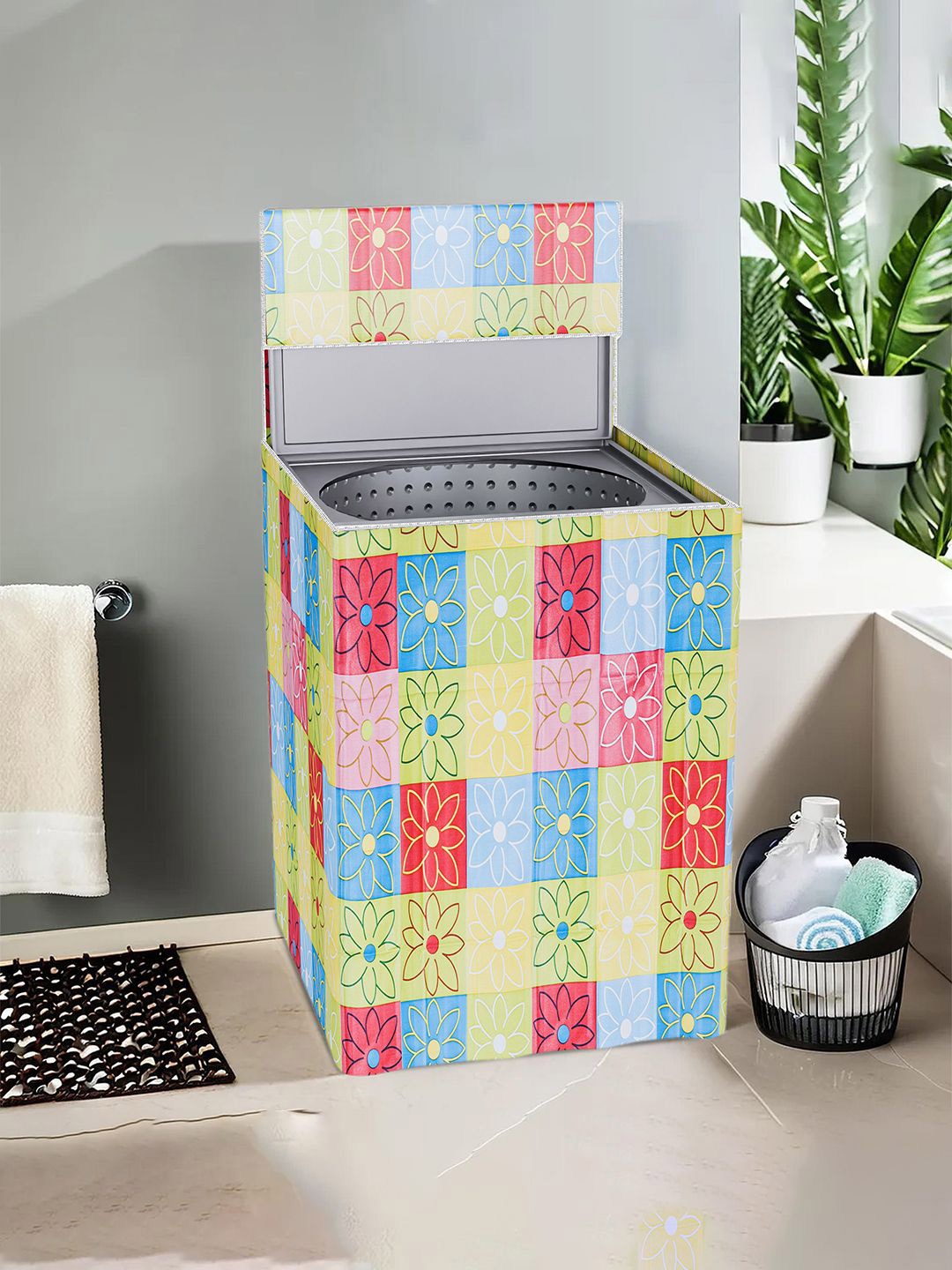 

Kuber Industries Red & Blue Checked Floral Light Weight Top Load Washing Machine Cover