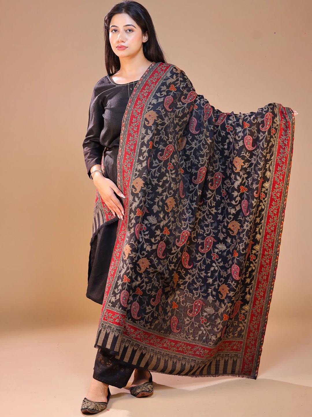 

SWI Stylish Ethnic Motifs Kani Woven Design Shawl, Black