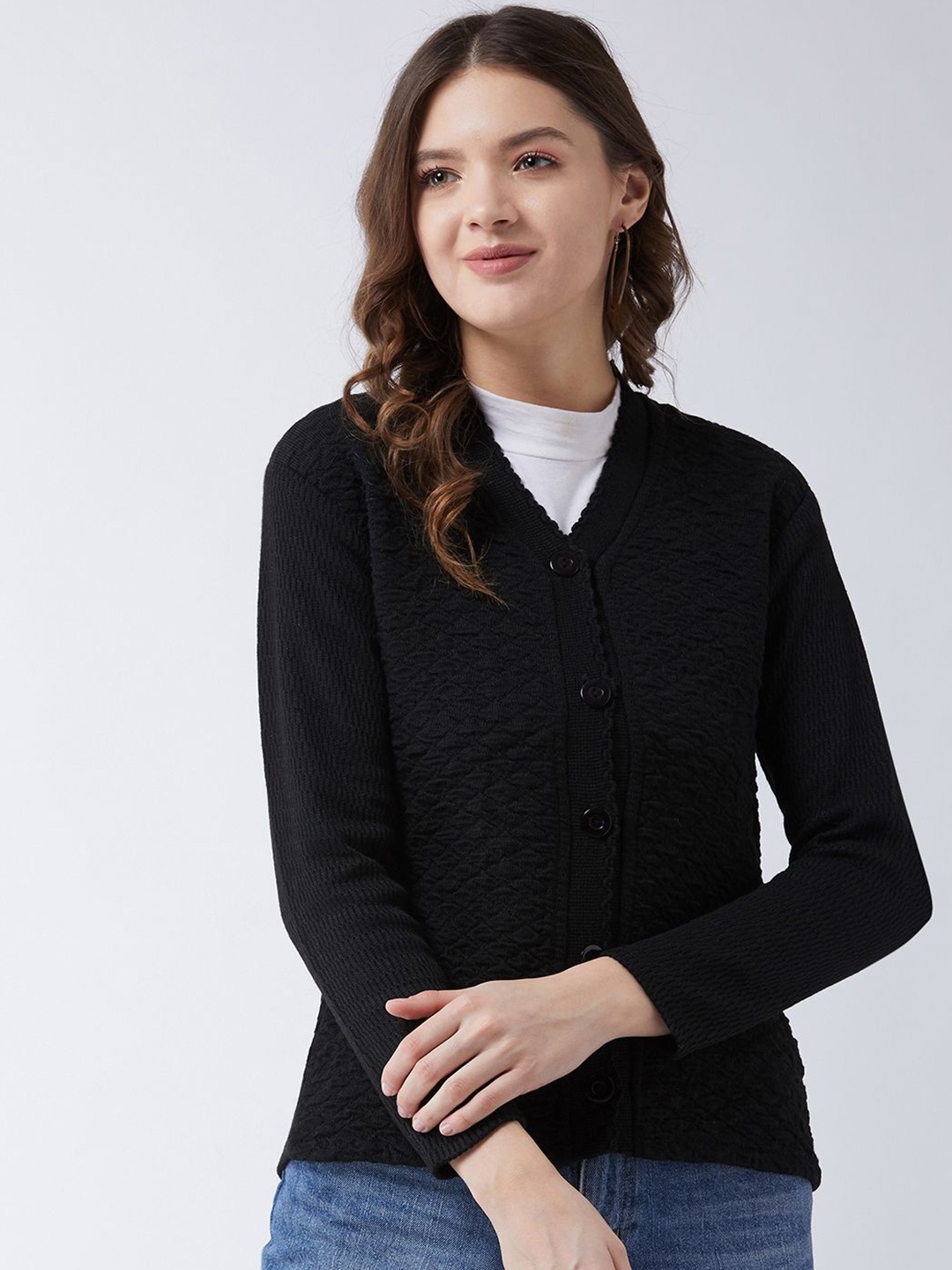 

PIVL Women Self Design Cardigan, Black