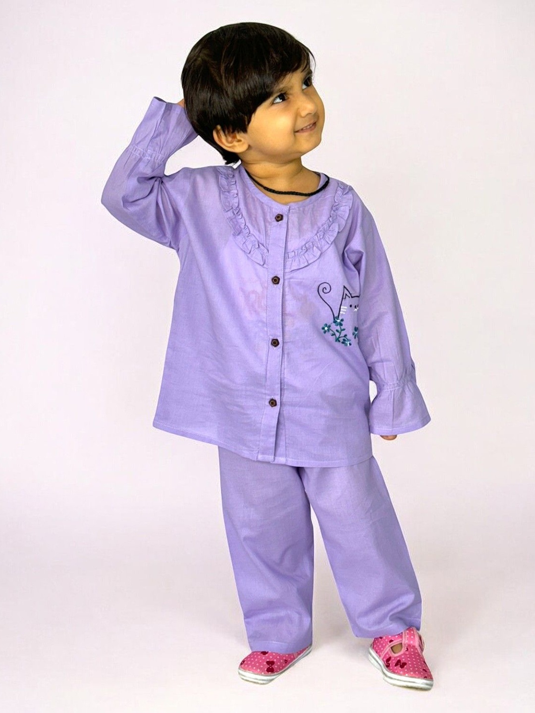 

LITTLE GINNIE Girls Cat Printed Cotton Kurti With Trousers Night Suit, Purple