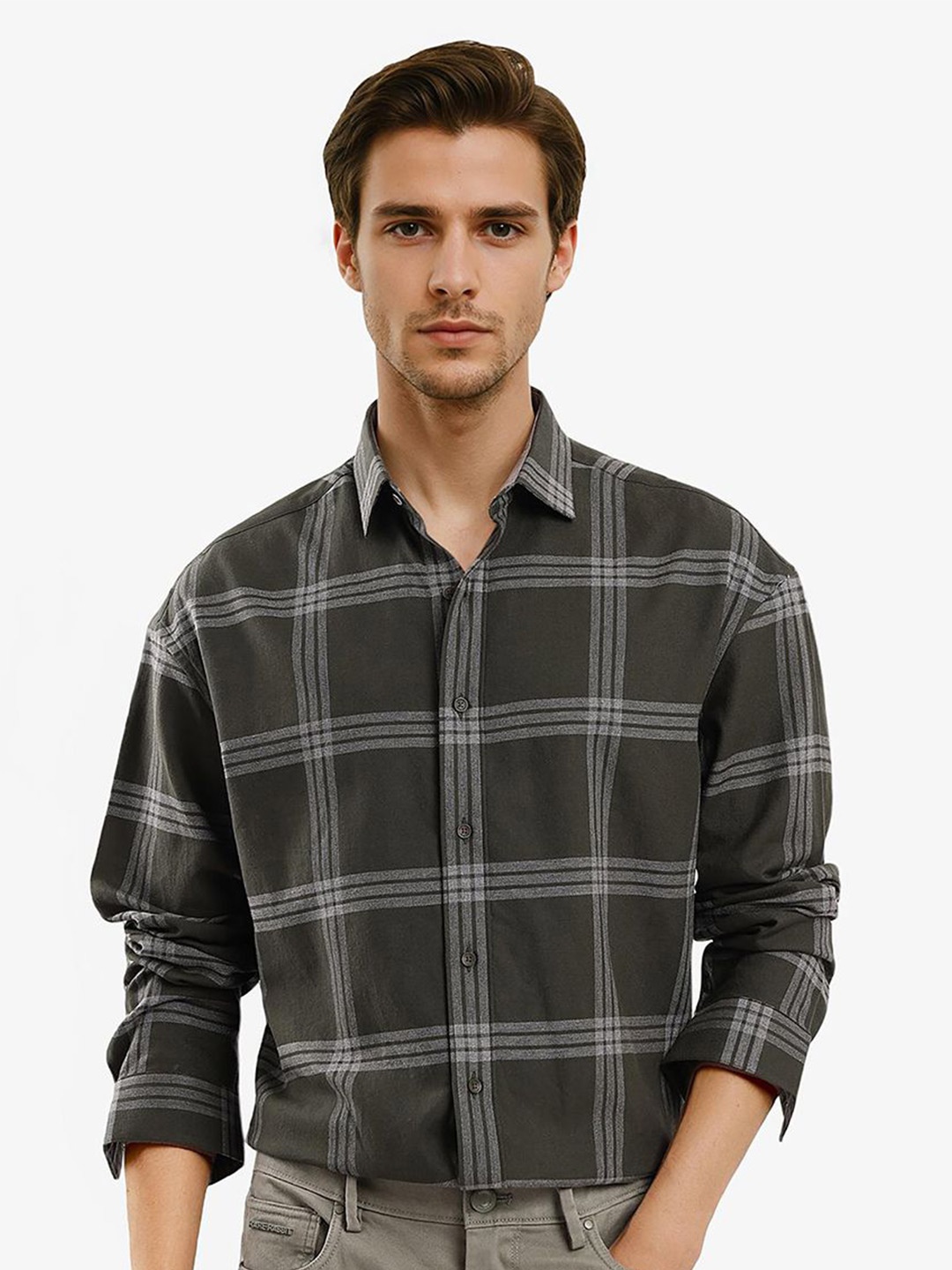 

RARE RABBIT Men Comfort Spread Collar Tartan Checked Cotton Casual Shirt, Green