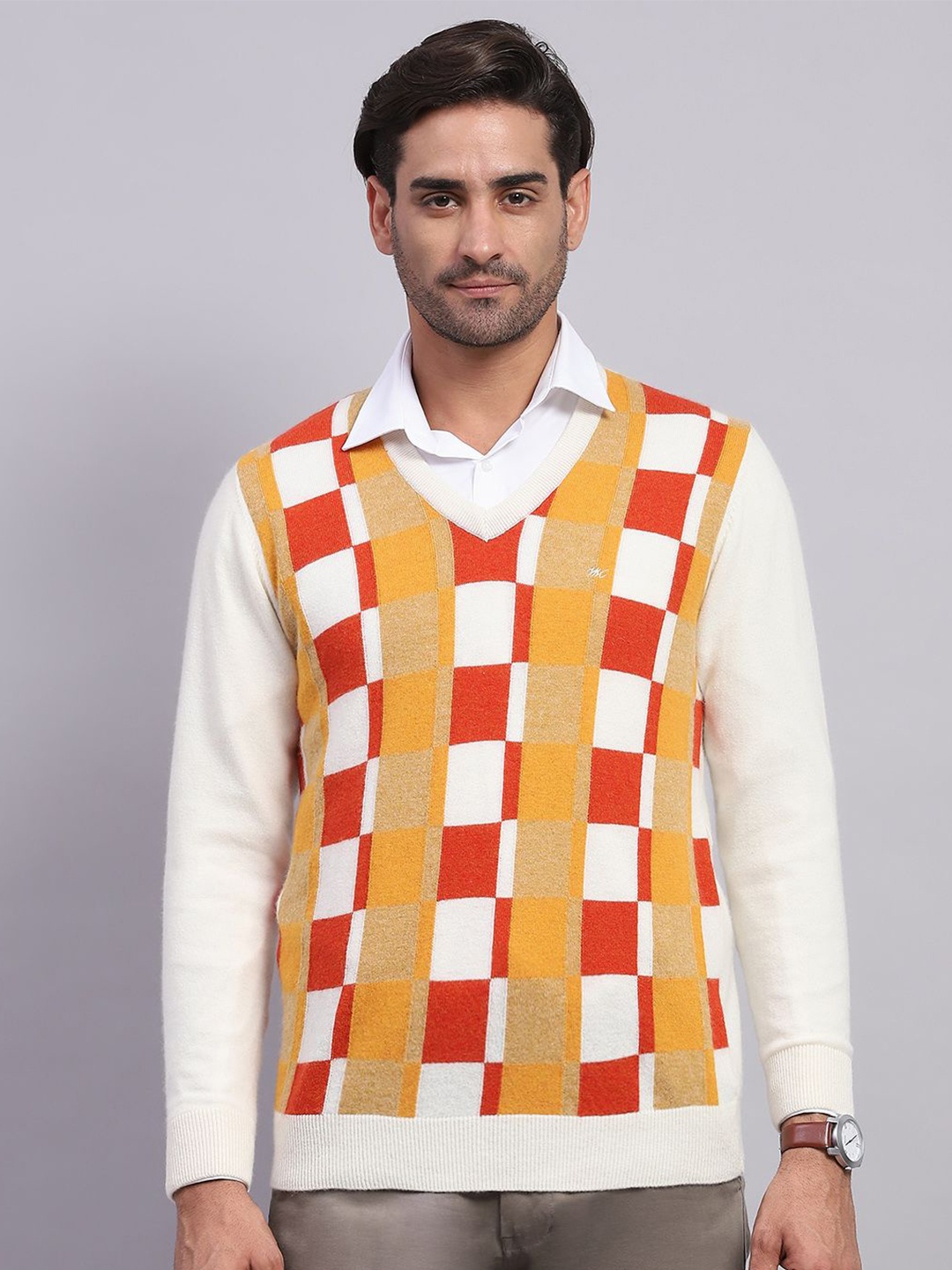 

Monte Carlo Men Checked Woollen Pullover, Off white