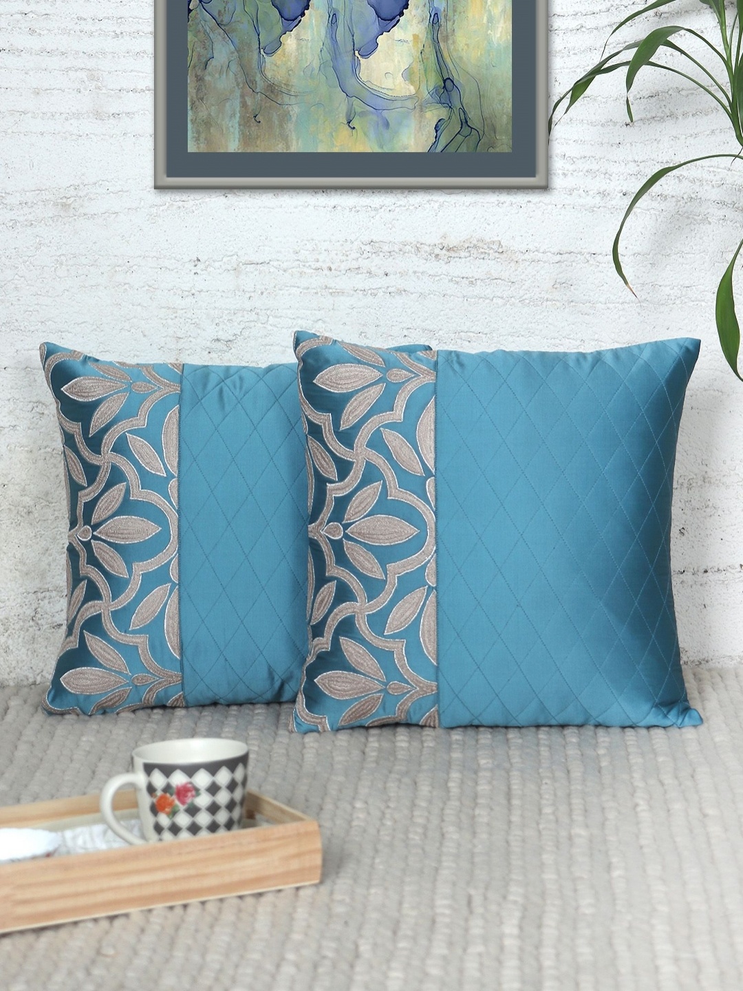 

ZEBA Blue & Gold-Toned 2 Pieces Ethnic Motifs Square Cushion Covers