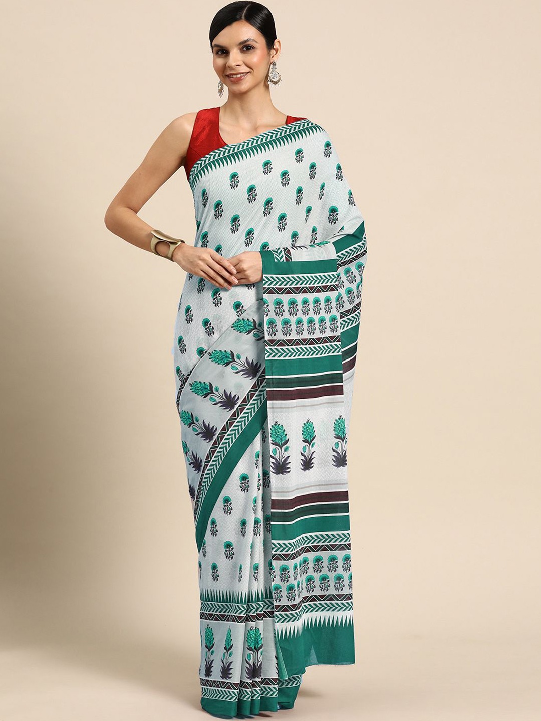 

BUTA BUTI Floral Printed Pure Cotton Saree, Sea green