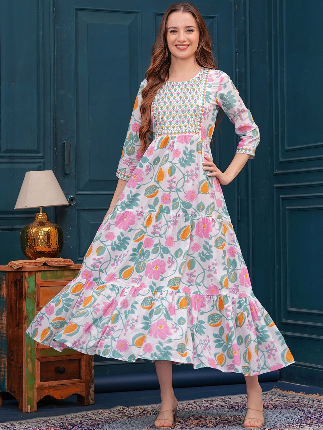 

FASHION DEPTH Floral Printed Sequinned Pure Cotton Tiered Anarkali Kurta, Orange