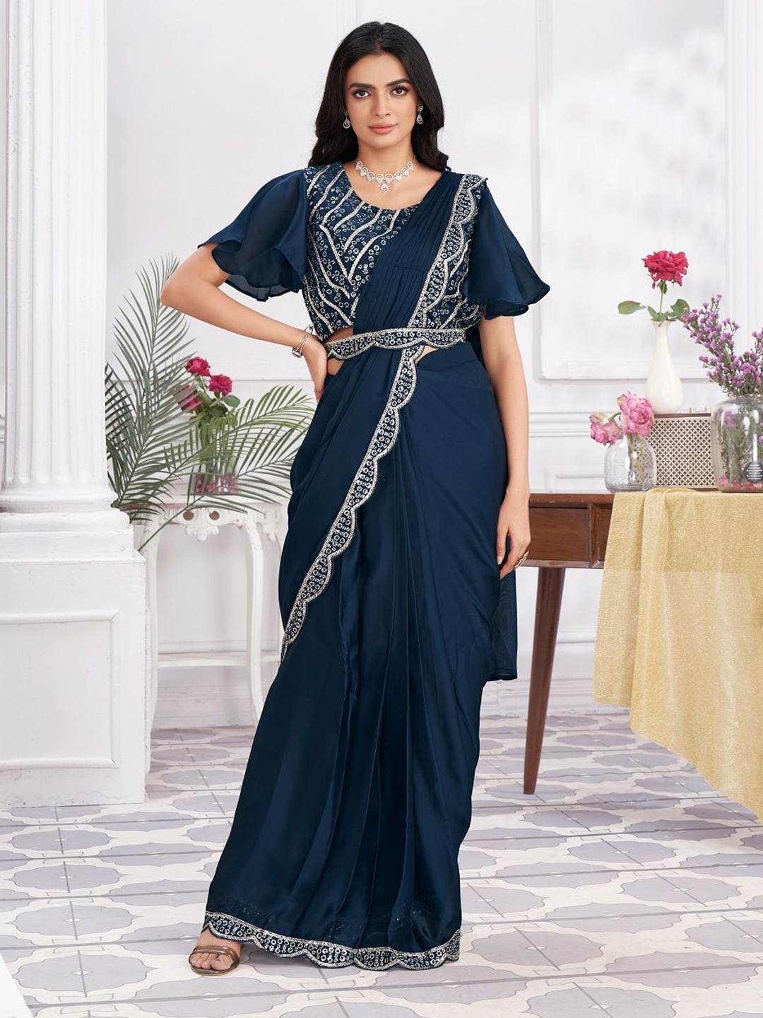 

JIVORA Embroidered Satin Ready to Wear Saree, Blue