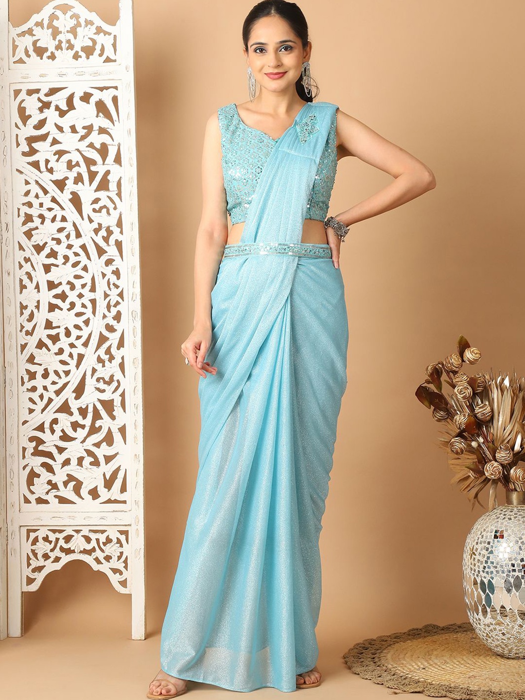 

Grancy Embellished Sequinned Ready to Wear Leheriya Saree, Turquoise blue