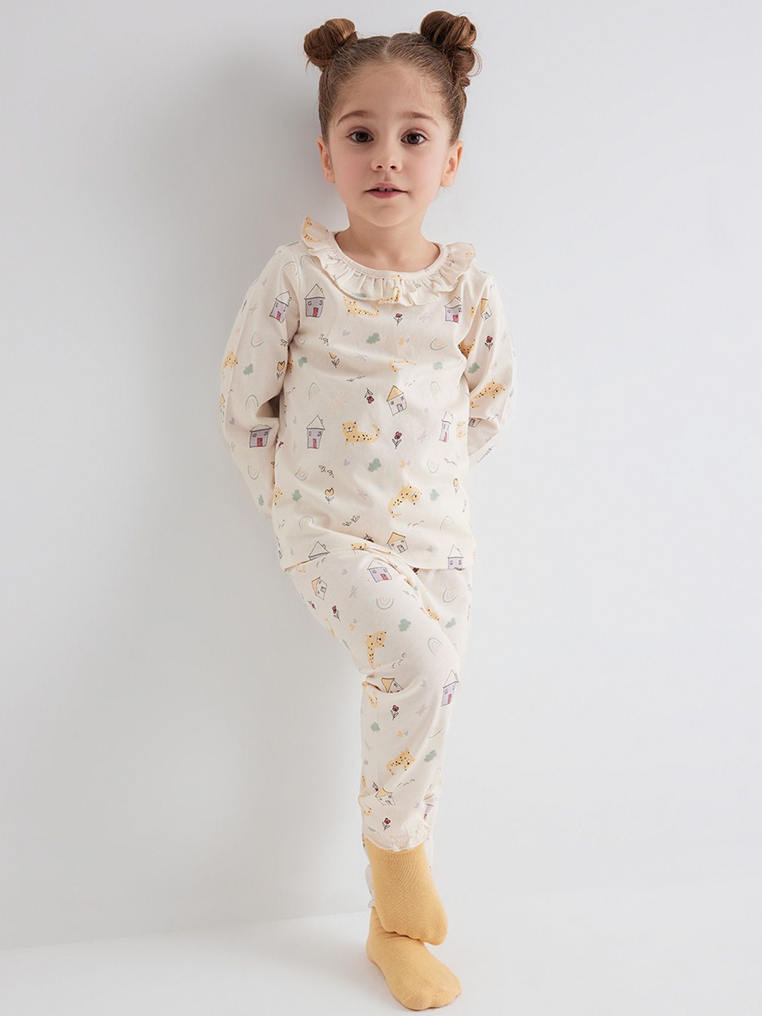 

DeFacto Infant Girls Printed Pure Cotton Night Suit, Beige