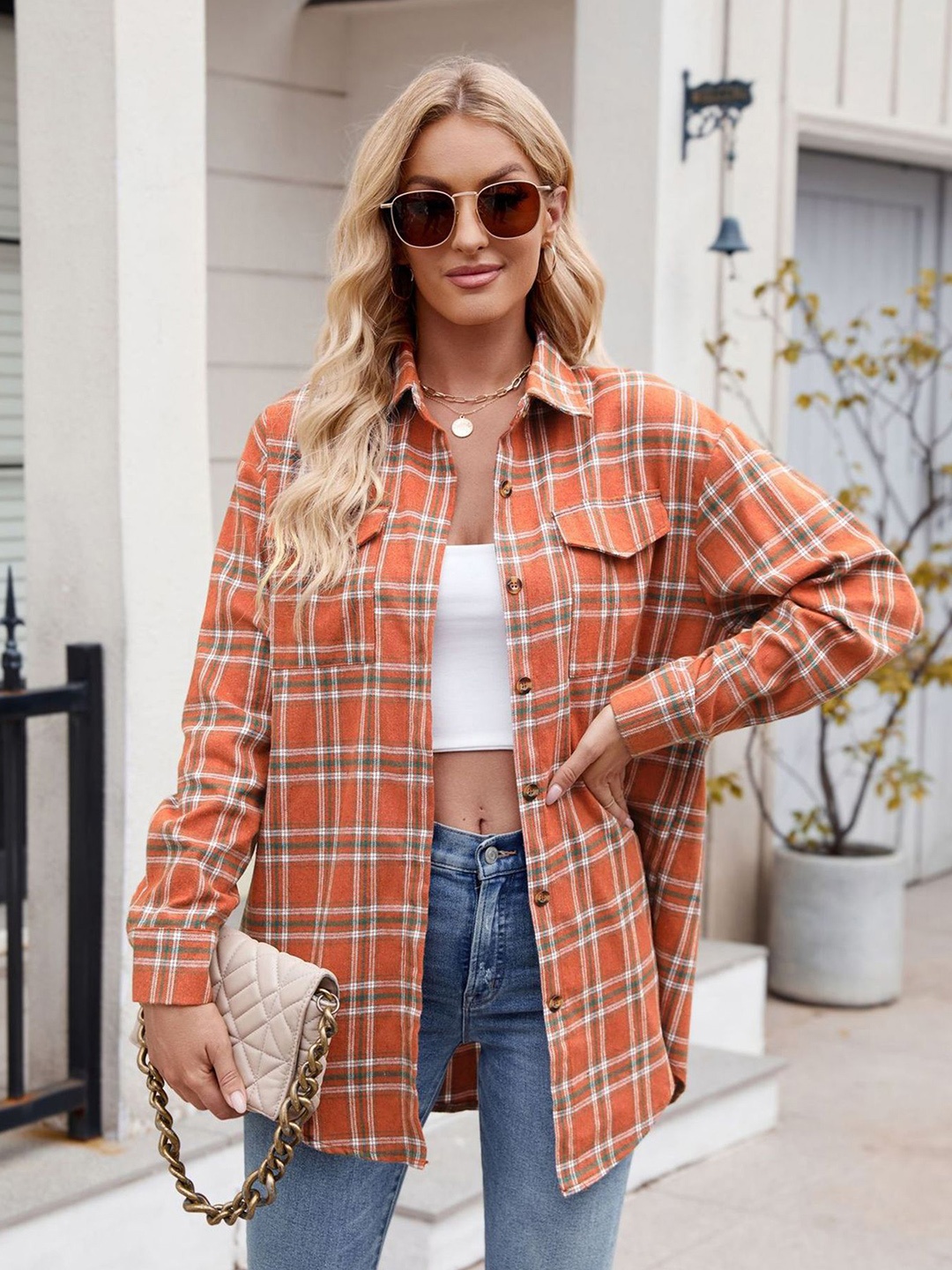

StyleCast x Revolte Women Spread Collar Tartan Checked Casual Shirt, Orange