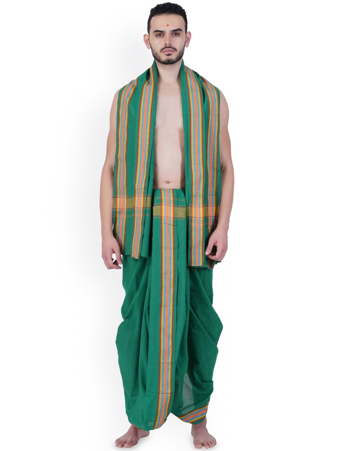 

Ethazh Men Cotton Dhoti & Angavasthram with Woven Border, Green