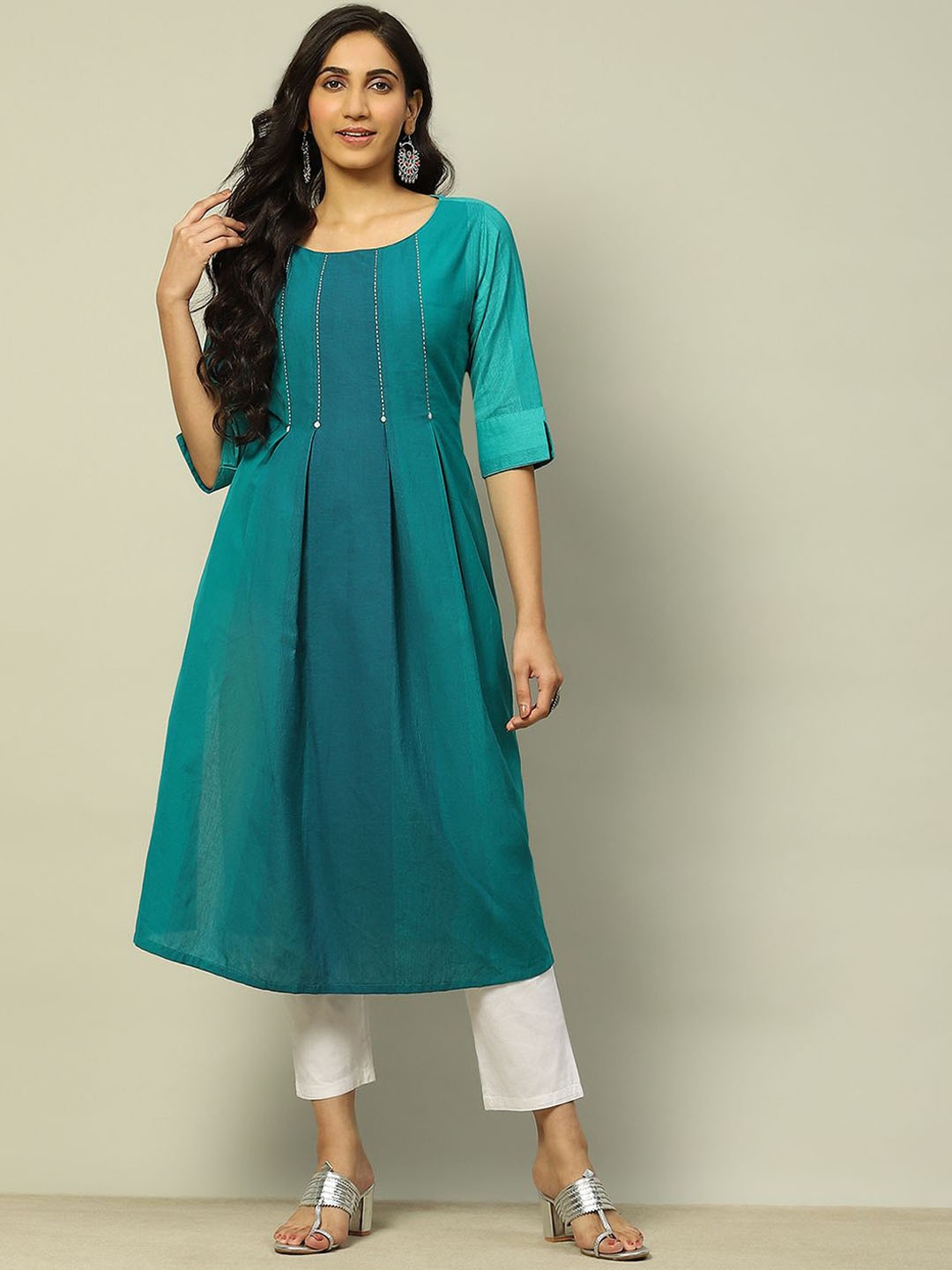 

Rangriti Striped Embroidered Pure Cotton A-Line Kurta, Blue