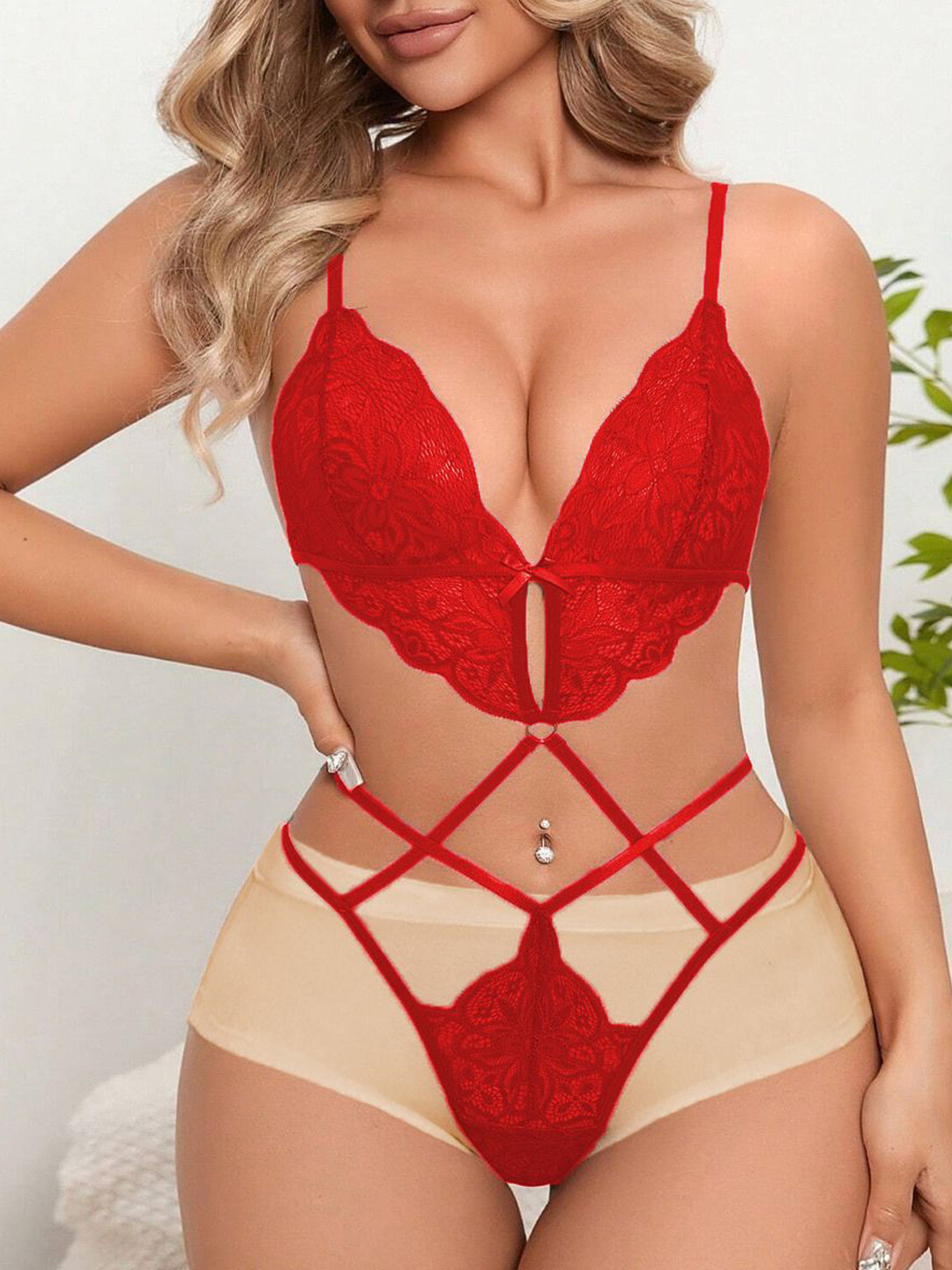 

Krelin Deep V Net Cut Out Baby Doll, Red