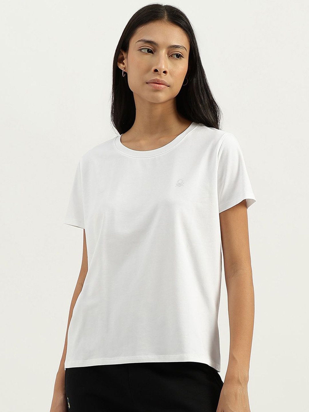 

United Colors of Benetton Women Solid Round Neck Cotton T-shirt, White