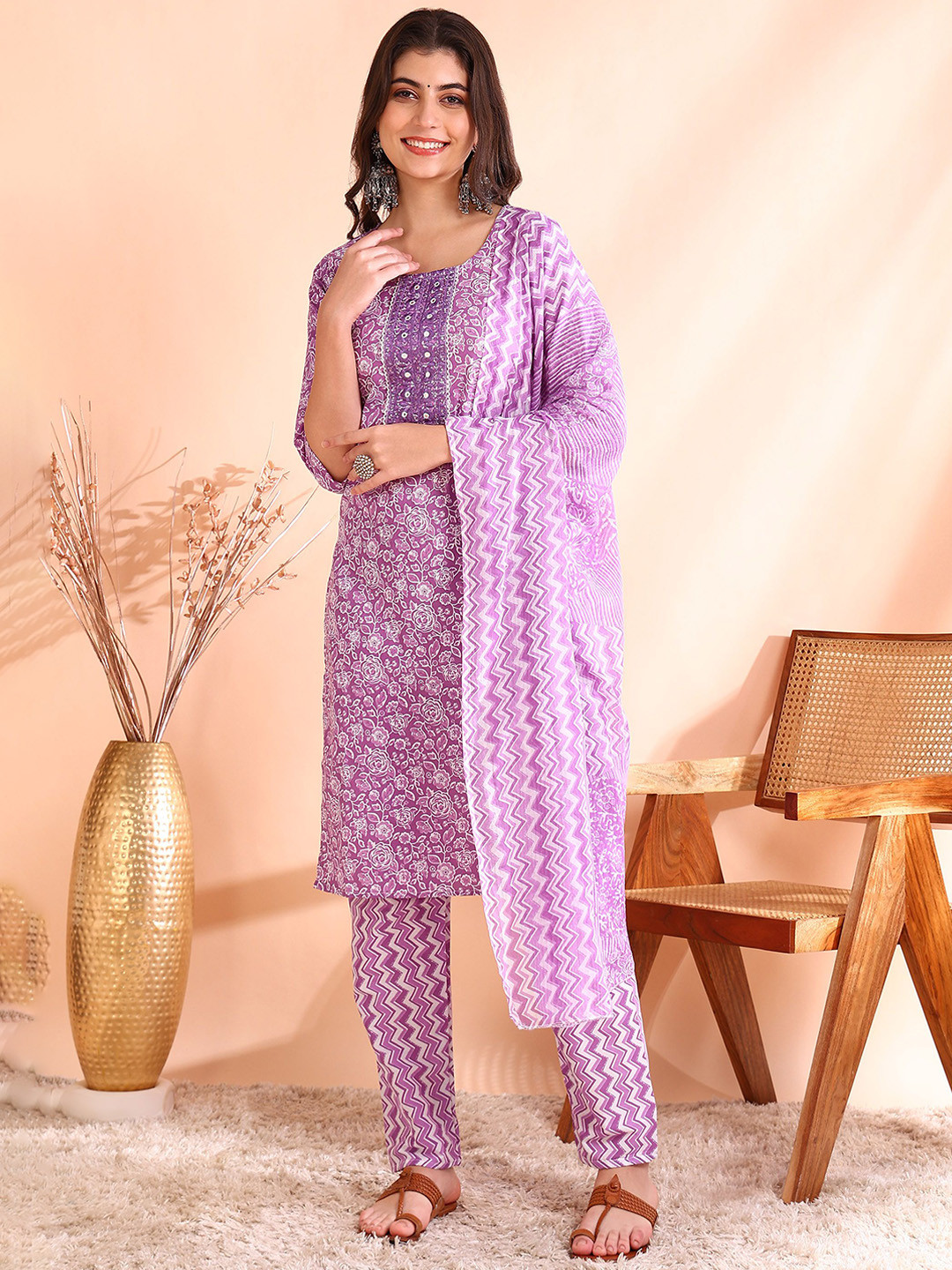 

Ode by House of Pataudi Mirror Work Pure Cotton Straight Kurta with Trousers & Dupatta, Purple