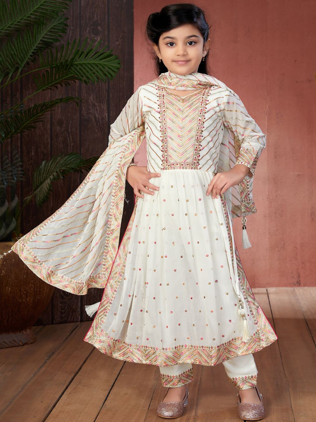 

Aarika Girls Floral Embroidered Thread Work Georgette Kurta With trousers & Dupatta, Cream