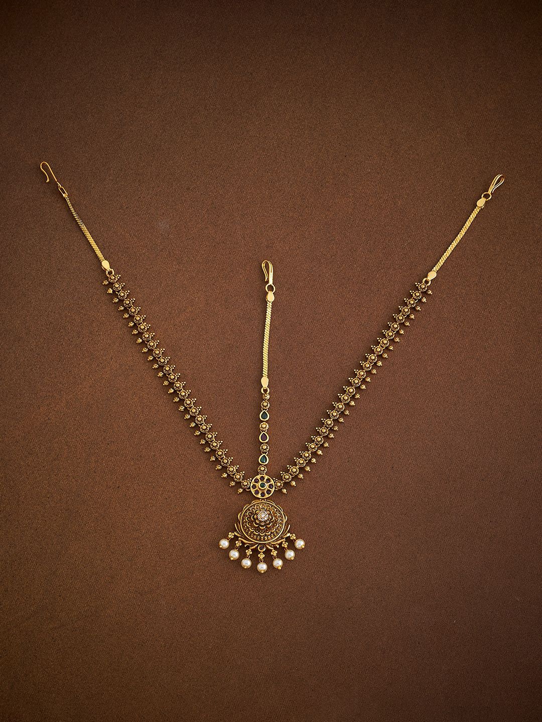 

Kushal's Fashion Jewellery Gold Plated Artificial Stones and Beads Antique Maang Tikka