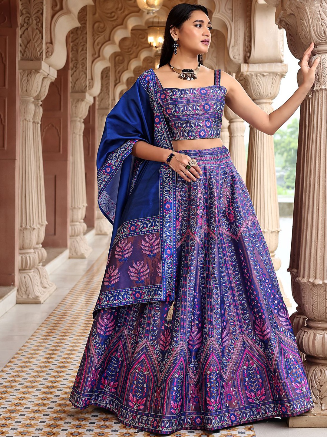 

PURVAJA Ready to Wear Lehenga & Unstitched Blouse With Dupatta, Blue