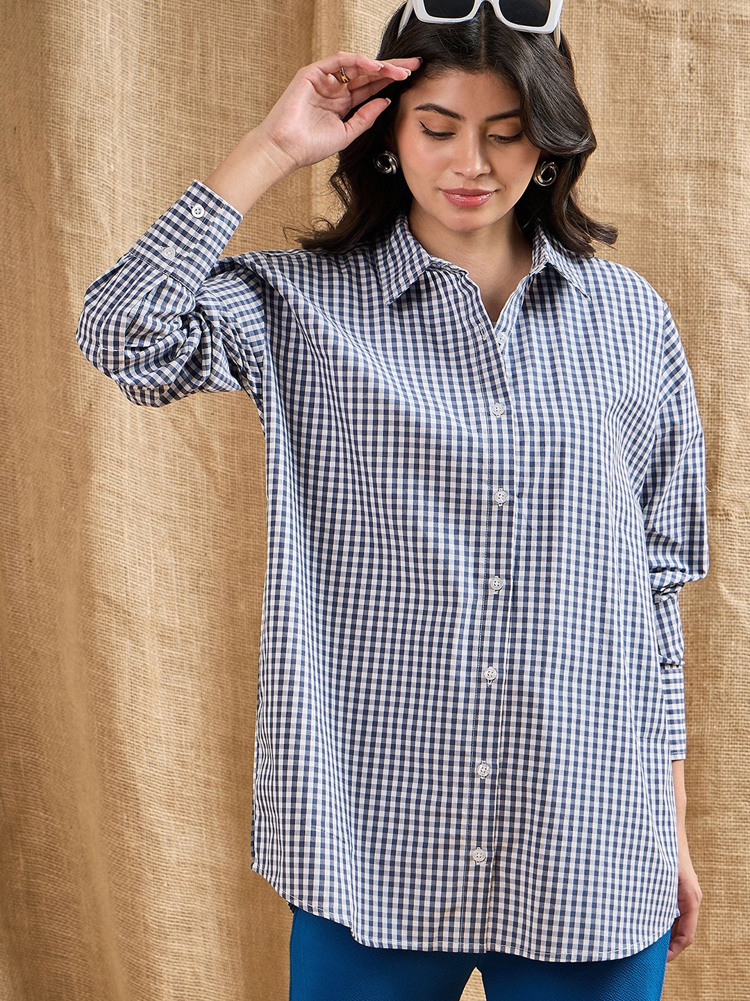 

SASSAFRAS Women Spread Collar Gingham Checked Cotton Oversized Casual Shirt, Navy blue