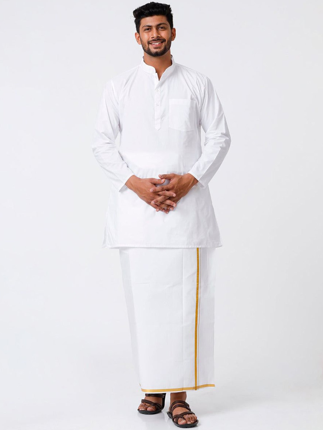 

Ramraj Mandarin Collar Pure Cotton Straight Kurta With Golden Zari Dhoti, White