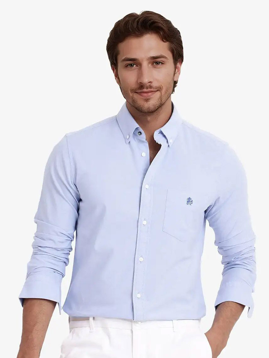 

RARE RABBIT Men Comfort Spread Collar Solid Cotton Formal Shirt, Blue
