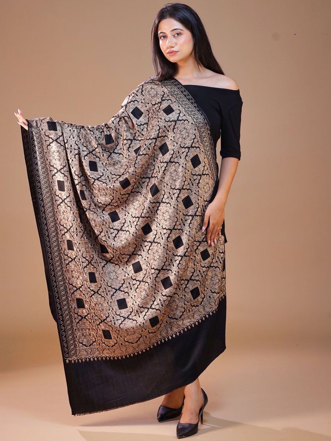

SWI Stylish Floral Embroidered Pashmina Pure Wool Shawl, Black