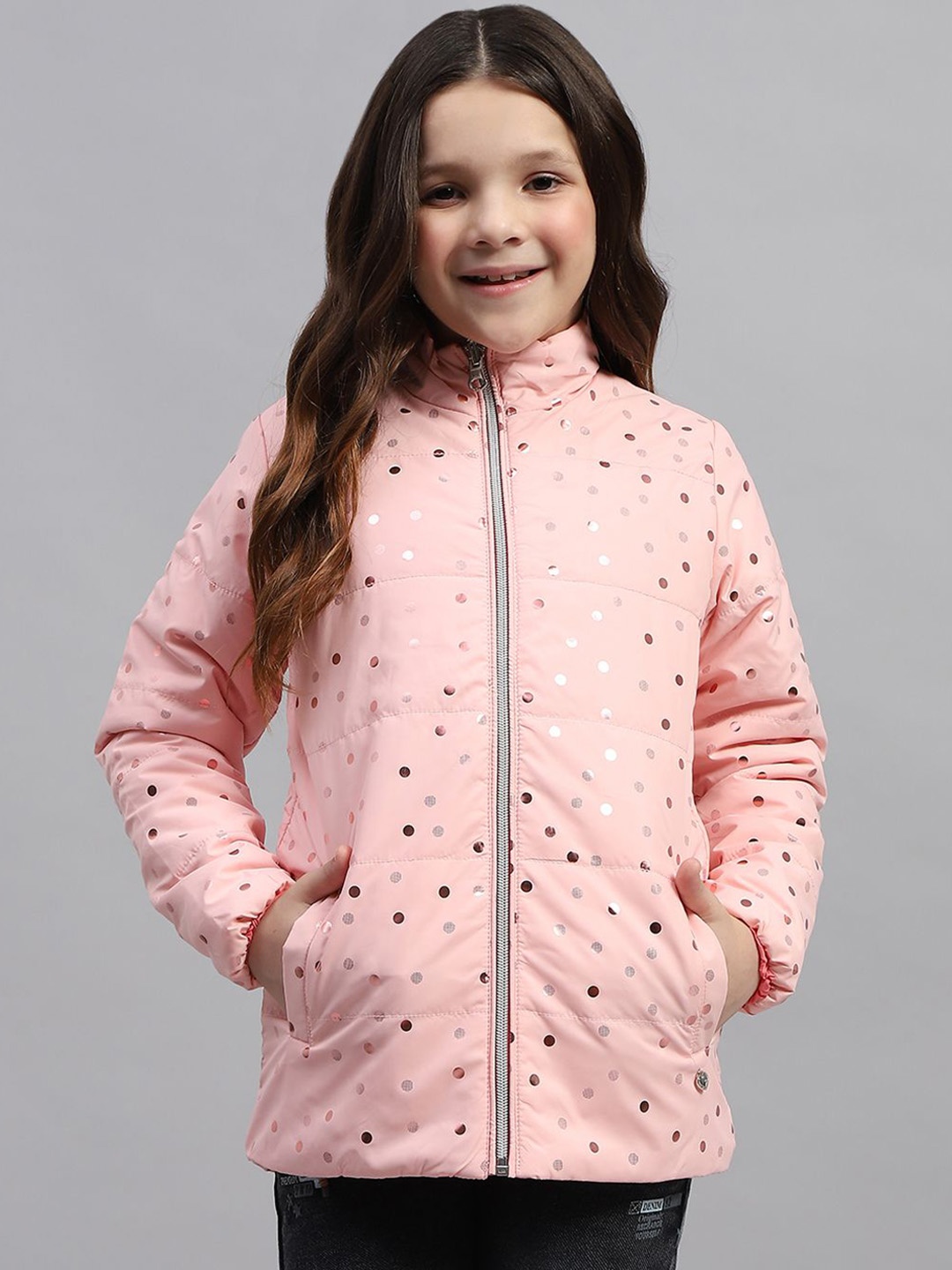 

Monte Carlo Girls Geometric Printed Mock Collar Quilted Jacket, Pink